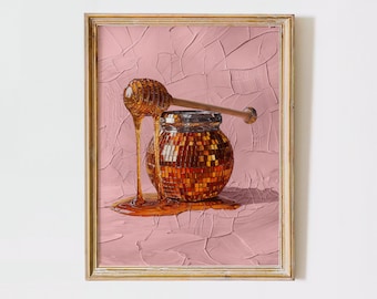 Pink Gold Kitchen Wall Art, Vintage Honey Bee Print, Farmhouse Kitchen Decor, Disco Ball Honey Pot jar Poster, Rustic Cute Kitchen Art Gift