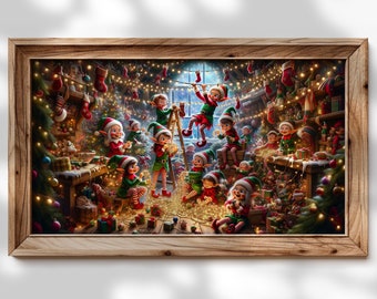 Whimsical Christmas Elf Decor frame tv art: Hanging Lights, Stockings, and Shelf Sitting - Vintage Style Wall Art for Samsung Frame TV