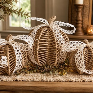 May include: Three decorative pumpkins crafted from natural tan rope in a cage-like structure. Each pumpkin features a white lace ribbon tied into a bow at the top stem. The pumpkins vary in size, with one larger central piece and two smaller ones.