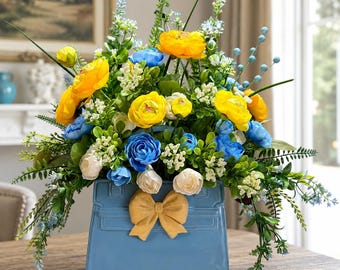 Spring Floral Arrangement in Ceramic Purse Vase | Blue & Yellow Faux Flower Centerpiece | Elegant Table Decor | Cottagecore Home Accent