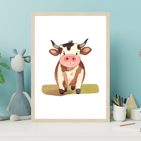 Watercolor Cow Printable - Adorable for Kids' Rooms, Nurseries, and Child's Bathroom - Wall Art - Farm Theme - Cow Printable - Gift for Baby