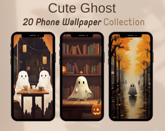 Fall Phone Wallpapers Kawaii Ghost Halloween Wallpaper iPhone Autumn iphone Wallpaper Bundle Cute Spooky Phone Background PDF