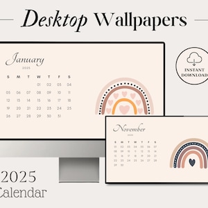 Boho Regenbogen Desktop Kalender 2025 Digitaler Monatskalender Hintergrundbild Computer Hintergrundbild Mac Laptop Kalender Hintergrund Desktop Planer