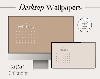 2026 Maandelijkse Desktop Kalender Wallpaper Computer Wallpaper voor Mac iMac PC Laptop Digitale Wallpaper Kalender Achtergrond Planner, png