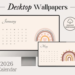 2026 Boho Rainbow Desktop Calendar Monthly Digital Calendar Wallpaper Computer Wallpaper Mac Laptop Calendar Background Desktop Planner