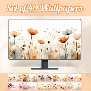 May include: A computer monitor shows a watercolour floral design featuring orange, yellow, and white flowers. The text "Set of 40 Wallpapers" is at the top. Below the monitor are several smaller images of floral wallpaper designs.