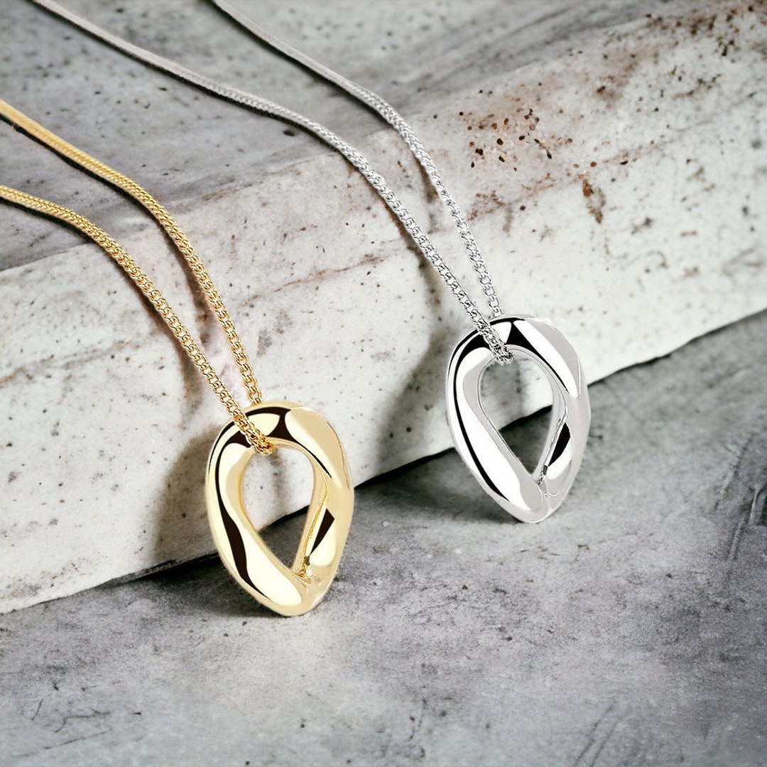 Gold Twisted Circle Necklace, Gold Chain Necklace, Hoop Pendant
