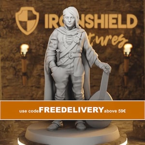 Neville – Bard Minstrel Wanderer Figur 16k + Bastryck 3D Miniatyr Presentidé | Dungeons & Dragons | Steel Age | TTRPG