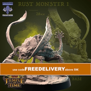 May include: A miniature creature figurine titled RUST MONSTER 1, featuring a textured, insect-like body with two long, curved antennae, multiple legs, and a segmented tail. The figure is mounted on a circular base, labelled as 28mm scale.