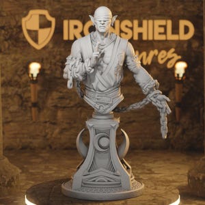 May include: A gray bust of a figure with a blindfold, chains, and a serene expression. The bust is mounted on a decorative base with a crescent moon design. The background features the text "IRON SHIELD" and a shield logo.