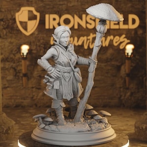 Peut inclure: Figurine grise détaillée d'une elfe tenant un bâton surmonté d'un champignon. L'elfe porte une armure détaillée et se tient sur une base avec des champignons. Le fond présente le texte "IRONSHELD miniatures".