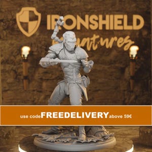 May include: A light grey unpainted miniature figurine of a futuristic warrior wearing armoured plating, a helmet, and a mechanical backpack attachment. The figure holds a sword in one hand and stands on a textured base with debris and foliage.