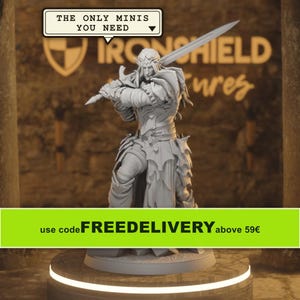 May include: A grey miniature figurine of an elf warrior wearing ornate armor and a crown, holding a long sword over their shoulder. A speech bubble above the figure contains the text THE ONLY MINIS YOU NEED. The figure stands on a circular base.