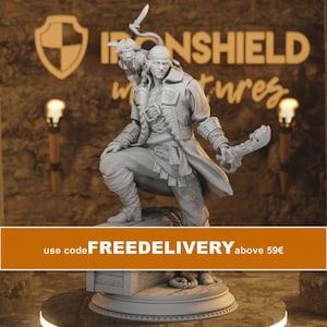 May include: A grey resin miniature figurine of a pirate character standing on a wooden crate. The figure wears a long coat, boots, and a headscarf, holding a curved sword. A small monkey wearing a pirate hat sits on the shoulder, holding a dagger.