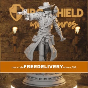 May include: A light gray miniature figurine of a cowboy wearing a wide-brimmed hat, a long coat, and a mask, holding a multi-barreled pistol in one hand and a small knife in the other, with a bird perched on one shoulder, standing on a circular base.
