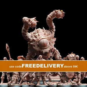 May include: A light brown miniature figurine of a large, multi-eyed monster with sharp teeth and two long, tentacle-like necks, surrounded by a group of smaller human-like warrior figurines standing on circular bases against a black background.