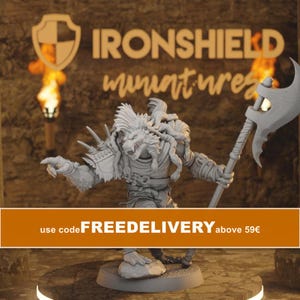 May include: A grey, unpainted miniature figure of a snarling, anthropomorphic wolf-like creature with a mohawk, wearing spiked shoulder armor and holding a large battle axe. The background features the text IRONSHIELD miniatures.