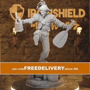 May include: A grey unpainted miniature figurine of a bard wearing a feathered hat, a jacket, and boots. The character is captured in a dynamic pose, holding a tankard in one hand and a lute in the other, standing on a detailed circular base.