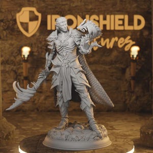 Puede incluir: Una figura gris de un personaje de fantasía, sosteniendo un arma y una criatura parecida a un dragón. El personaje lleva una armadura detallada y una capa. La base de la figura es redonda, con una textura rocosa. El fondo presenta el texto "IRONSHIELD" y un logotipo de escudo.