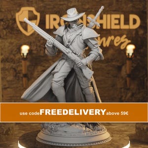 May include: A light gray miniature figurine of a cowboy character wearing a wide-brimmed hat, a long coat, and armor. The figure holds a long rifle in both hands and has a sword strapped to the back. It stands on a circular base.