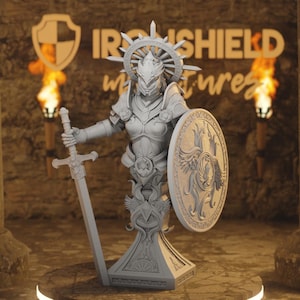 Busto di Soleria - Aasimar Paladino con Aureola e Scudo della Fenice, Campione, Busto da esposizione in miniatura 3D 14k | Dungeons & Dragons DND Tabletop | DM Stash