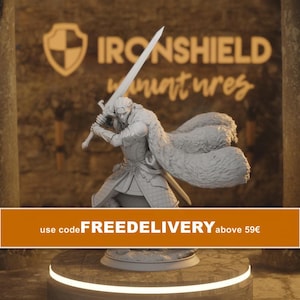 May include: A gray resin miniature figure of a warrior in armor holding a long sword above their head, wearing a textured fur-lined cloak that flows behind them. The figure stands on a circular base with the text IRONSHIELD miniatures visible.