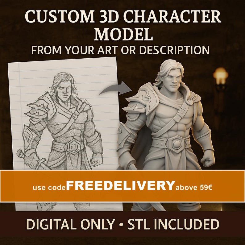 Custom 3D Character Model from Your Art or Description | STL File for DnD Miniature | TTRPG Digital Sculpt | Fantasy Tabletop Hero image 1