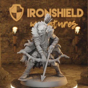 May include: A detailed figurine of a warrior with a bow and arrow, poised in a combat stance. The figure is clad in armour and a fur-lined cloak. The text "IRONSHIELD adventures" is visible in the background. The figurine is on a round base.