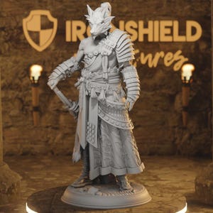 Puede incluir: Figura gris detallada de un guerrero con máscara de lobo, sosteniendo una espada. La figura está vestida con una armadura ornamentada y una túnica fluida, de pie sobre una base circular. El fondo presenta el texto "IRON SHIELD" y un emblema de escudo.
