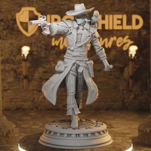 Puede incluir: Figura gris detallada de un personaje con sombrero de vaquero, abrigo y chaleco, sosteniendo un arma. Un pequeño pájaro descansa sobre el hombro del personaje. La figura se encuentra sobre una base decorativa.