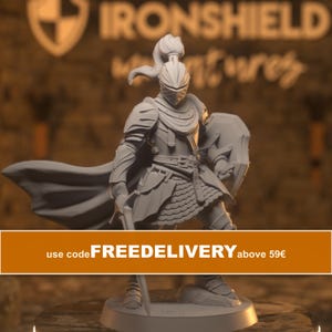 May include: A grey miniature knight figurine standing on a circular base, wearing a full suit of plate armour with a plumed helmet, a flowing cape, and a shield. The figure holds a sword in one hand and stands in a ready, defensive posture.