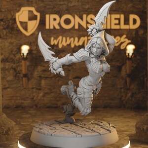May include: An unpainted miniature figure of a female warrior, poised in action with two curved blades. The figure is clad in armour and stands on a circular base. The background displays the text "IRONSHIELD miniatures".