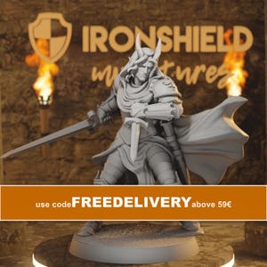 May include: A gray unpainted miniature figure of a horned warrior with long hair, wearing armor and a flowing cape. The figure holds a sword in one hand and a dagger in the other. The background features the text IRONSHIELD miniatures.