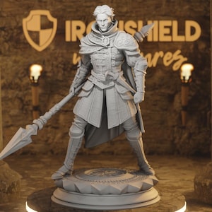 Puede incluir: Figura gris de un guerrero con armadura detallada, sosteniendo una lanza. La figura se encuentra sobre una base decorativa. El fondo presenta el texto "Iron Shield" y un emblema de escudo.