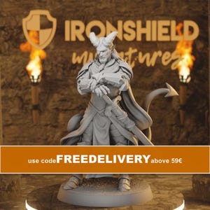 May include: A gray unpainted miniature figure of a horned humanoid character with a goatee, wearing armor and a long cloak, standing with arms crossed over a sword hilt. The figure has a pointed tail and is mounted on a circular base.