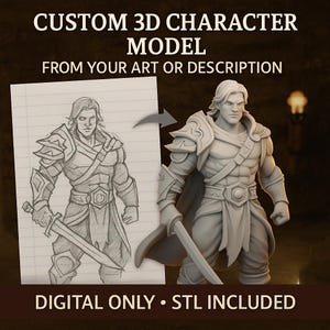 Puede incluir: Imagen que muestra un modelo de personaje 3D personalizado. La imagen presenta un boceto de un guerrero junto a un modelo renderizado en 3D del mismo personaje. El texto dice: "CUSTOM 3D CHARACTER MODEL FROM YOUR ART OR DESCRIPTION. DIGITAL ONLY • STL INCLUDED."