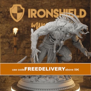 May include: A grey, unpainted resin miniature of a hunched, monstrous creature with sharp teeth, horns, and textured fur-like skin. The figure stands on a circular base and wears a necklace with a small cross pendant, captured in a dynamic pose.