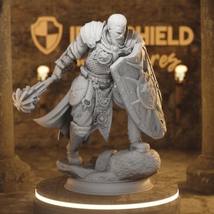 May include: A gray figurine of a warrior in full armor, holding a mace and shield. The warrior stands on a stone base, with the word "SHIELD" visible in the background. The figurine has intricate details.