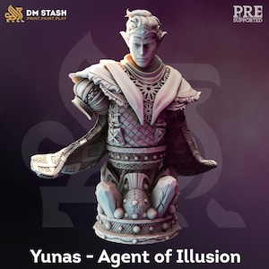 Puede incluir: Busto detallado de Yunas, Agente de la Ilusión, con intrincada armadura y apariencia regia. La figura es predominantemente blanca con toques de oro y gris, con patrones y texturas elaboradas. El busto está pre-soportado y listo para imprimir.