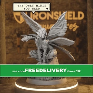 May include: A light gray resin miniature figurine of a winged fairy creature in a crouching pose. The figure features pointed ears, detailed wing structures, and textured armor elements. A speech bubble above reads THE ONLY MINIS YOU NEED.