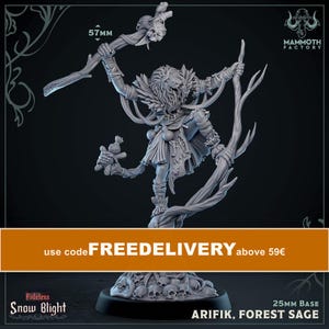 Op de afbeelding: Een grijs miniatuurfiguur genaamd Arifik, Forest Sage, staand op een 25mm voet van schedels. Het figuur houdt een staf met een schedel als top en een kleine pop vast, met een hoogte van 57mm. Het heeft een leeuwachtige hoofdtooi en gescheurde kleding.