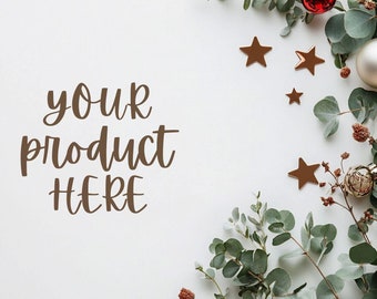 Christmas flatlay background, Christmas flat lay product backdrop mockup, Holiday season flatlay mock up for print on demand product display