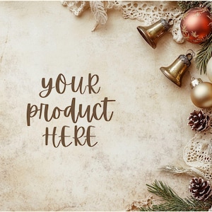 Christmas flat lay mockup, Boho rustic Christmas flatlay, Digital download beige bells background, Neutral holiday season product backdrop