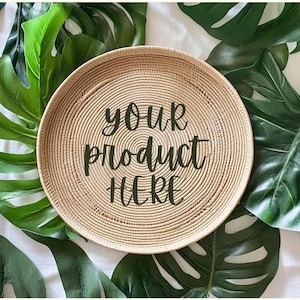 Monstera leaves flat lay mockup, Greenery product digital background, Boho plate backdrop, Styled stock photography, Scene creator mockups