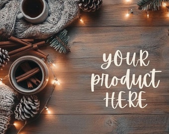 Christmas flat lay mockup, Cosy Christmas flatlay digital background, Boho holiday season product backdrop, Add your product scene creator