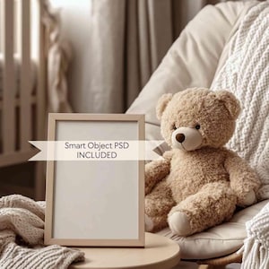 Nursery mockup frame, Kids wallart mockup frame A4, Cute teddy bear digital mockup frame PSD, Neutral blank mockup frame modern ISO ratio