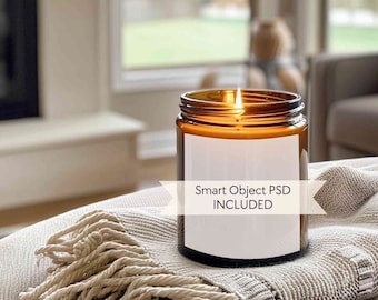 Amber glass candle mockup PSD, Jar candle mockup with tag, 9oz candle label mockup, Scented soy candle mock-up, Smart object boho mockup POD