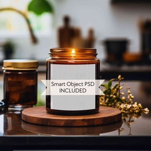 Amber glass candle mockup PSD, Jar candle mockup with tag, 9oz candle label mockup, Scented soy candle mock-up, Smart object boho mockup POD