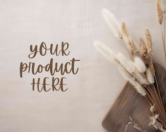 Flaches Produkthintergrundbild zum Herunterladen, Boho-Mockup-Fotografie, Neutraler Blumenmock, Foto digitaler Hintergrund, Blumenszenenschöpfer