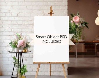 Hochzeit Zeichen Mockup PSD, Staffelei Willkommensschild Mockup 3x4, Smart Objekt Brautparty Zeichen Mock, Sitzschild Diagramm, Babyparty Mockup Blumen